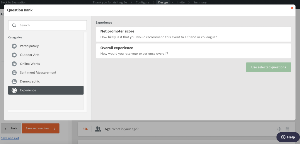 Screenshot of the 'Experience' 'Question Bank' section of the Culture Counts platform