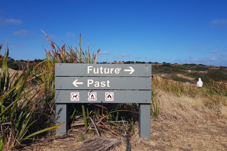 A beach in Australia with signs showing the words past and future