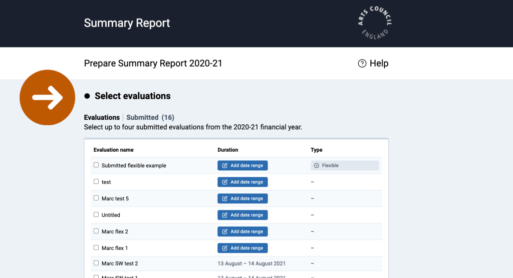 Screenshot of 'Select evaluations' section