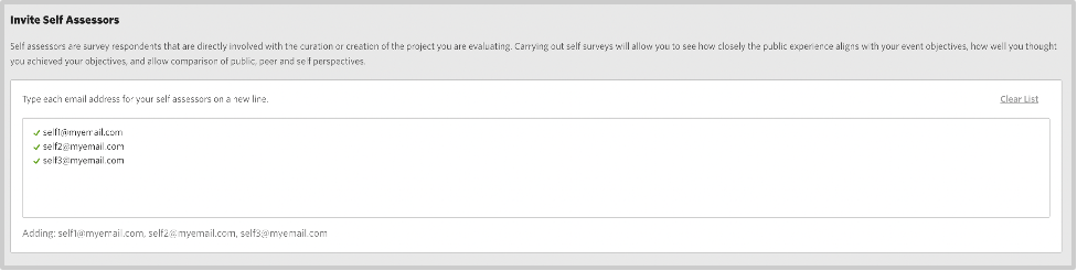Screenshot of the ‘Invite Self Assessors’ section on the Invite page