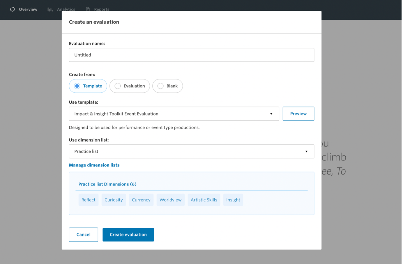 Screenhsot of the 'Create an evalaution' pop-up with the 'Manage dimension lists' section shown