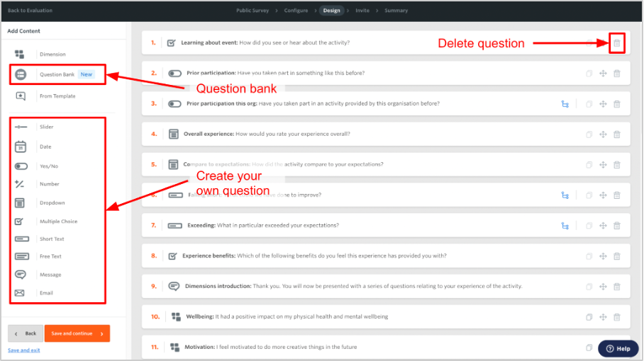 Screenshot of the "Design" page with text reading "Delete question" and arrow pointing at bin icon. Text reading "Question bank" with arrow pointing at "Question Bank" button. Text reading "Create your own question" with arrow pointing at "Add content" section