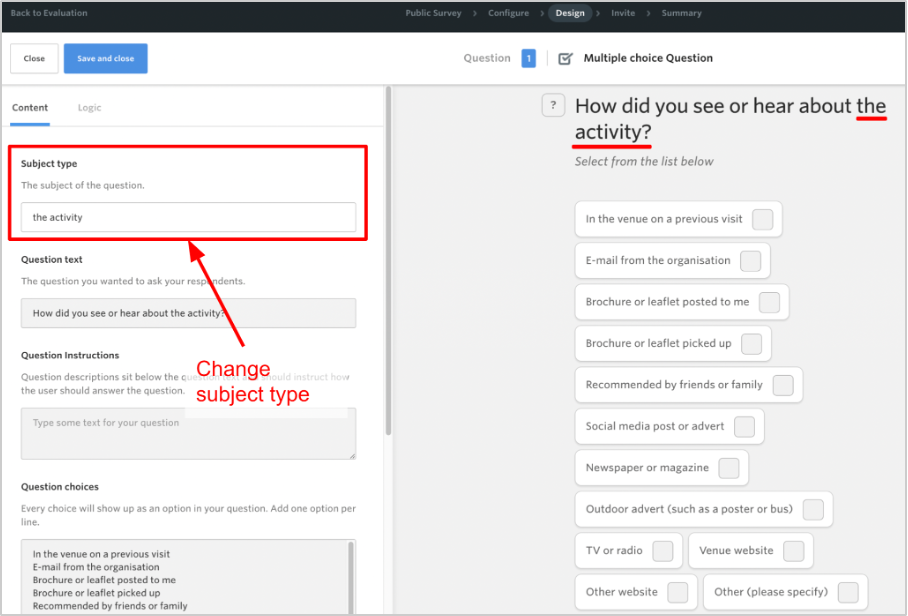 Screenshot of multiple choice question with text reading "Change subject type" and arrow pointing at "subject type" section