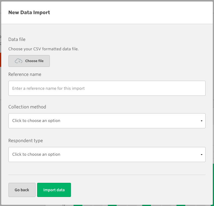 Screenshot of the 'New Data Import' pop-up on the Culture Counts platform