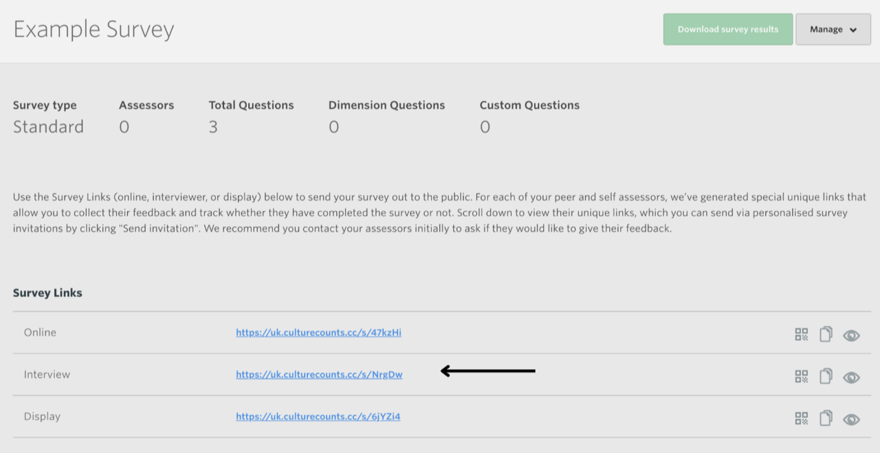 Screenshot of survey links on summary page