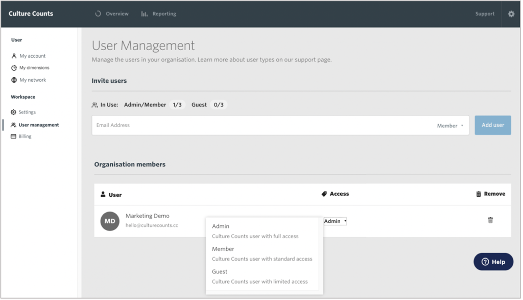 Screenshot of the 'user management' page
