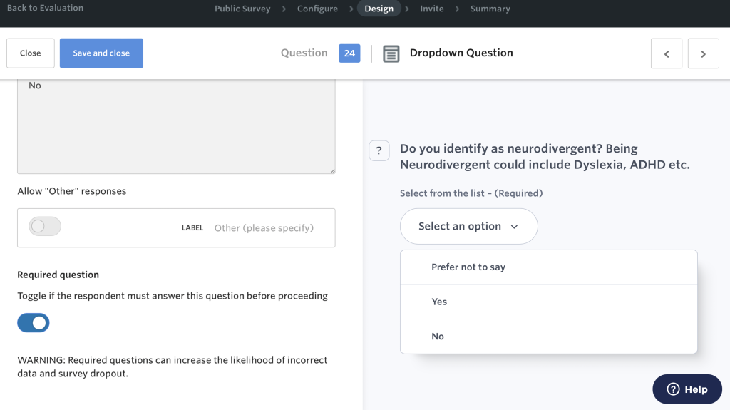 A screenshot of the question content box showing the 'required question' toggle
