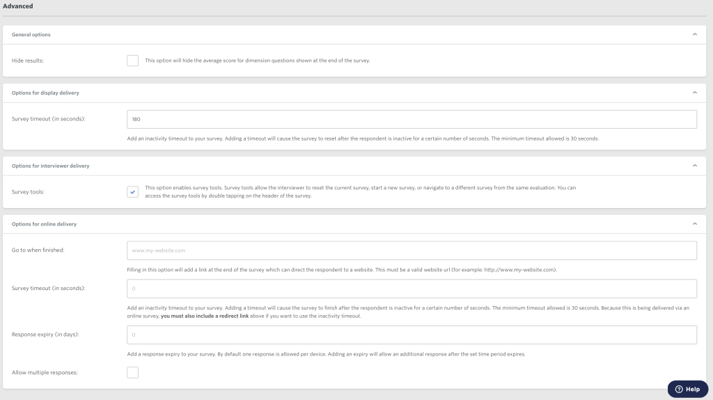 Screenshot of the 'Advanced' section of the Configure page, showing redirection link and allowing multiple responses