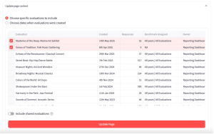 Screenshot of a table displaying all evaluations available for comparison, with two selected