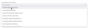 Screenshot of a dropdown menu displaying available evaluations