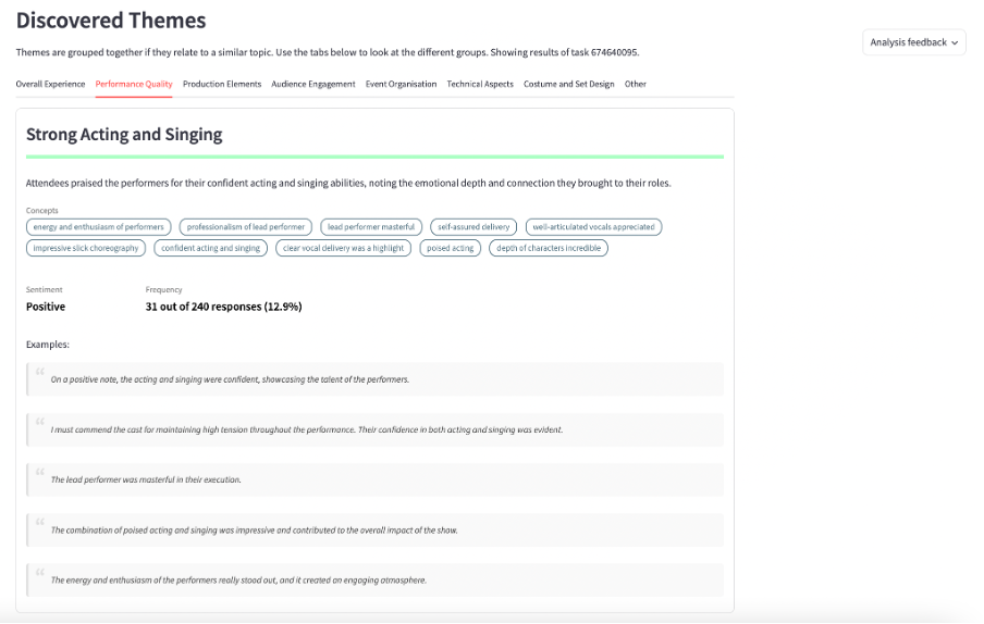 freetext thematic analysis results page showing discovered themes