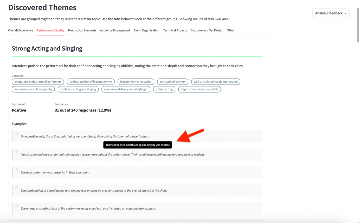 freetext thematic analysis page showing discovered themes highlighted text