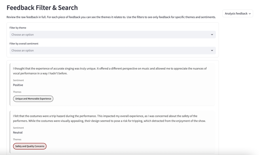 freetext thematic analysis page showing feedback filter and search options
