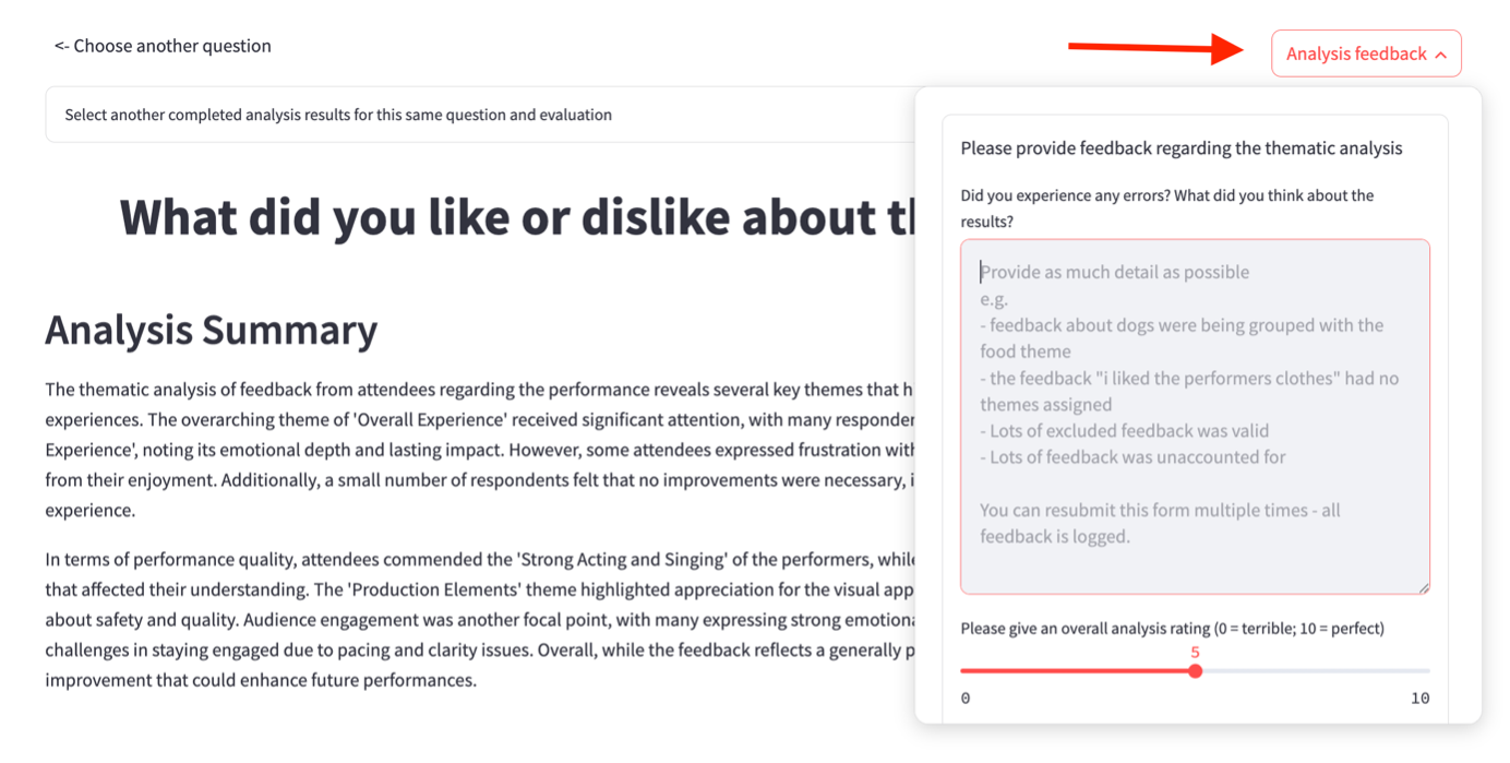 freetext thematic analysis page showing feedback option