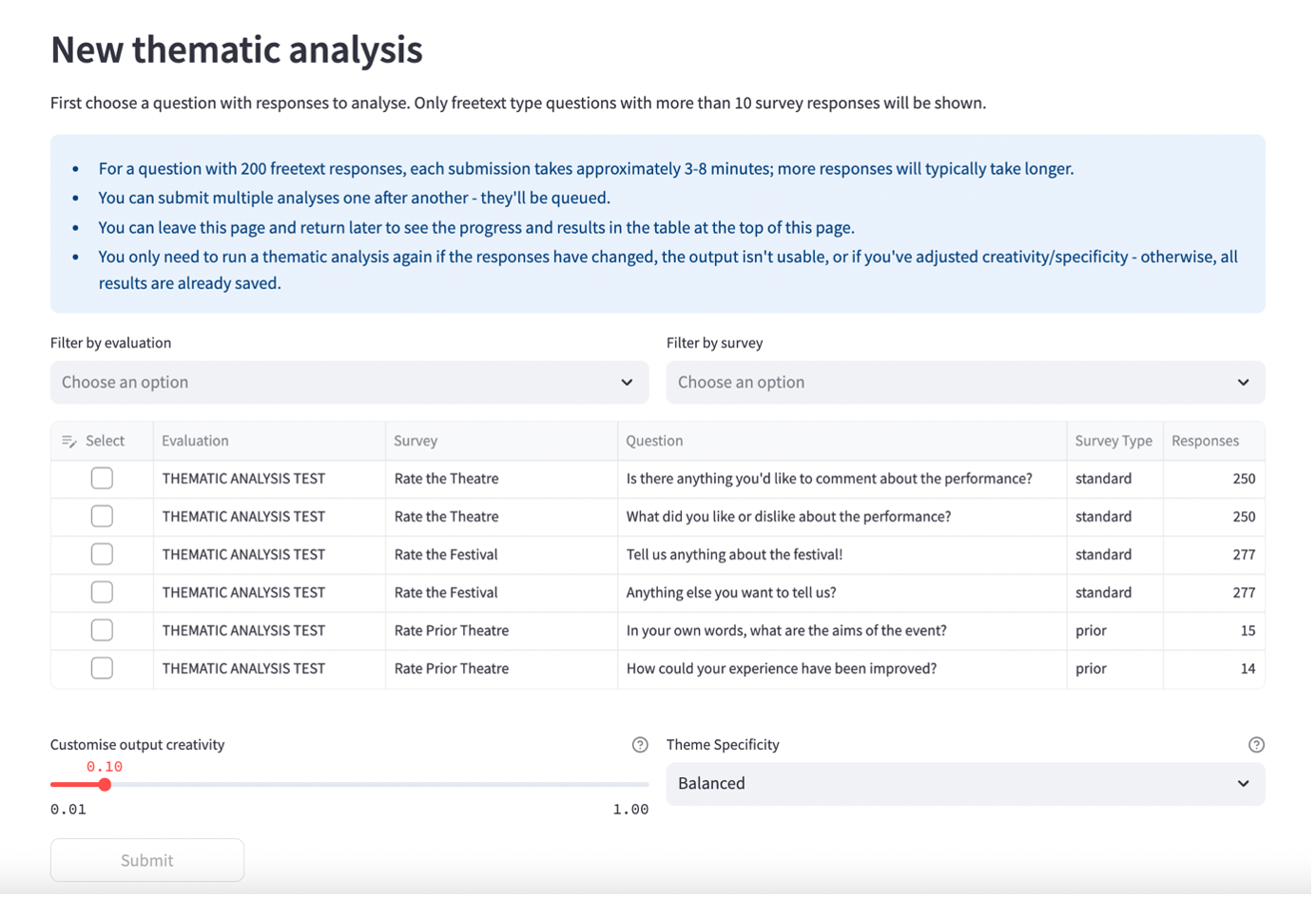 freetext thematic analysis page showing new thematic analysis table