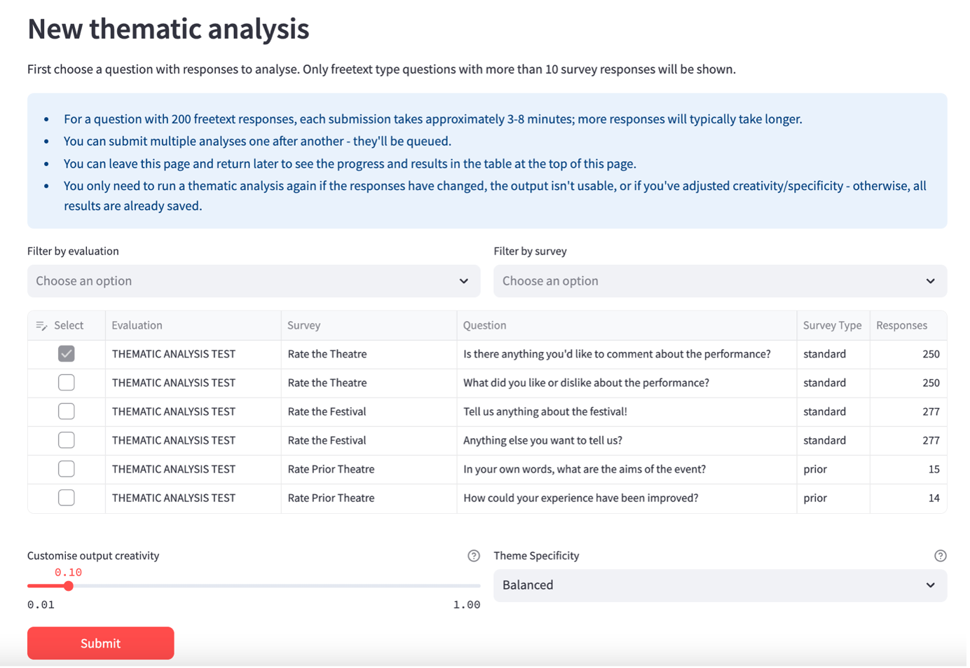 freetext thematic analysis page showing submit new analysis