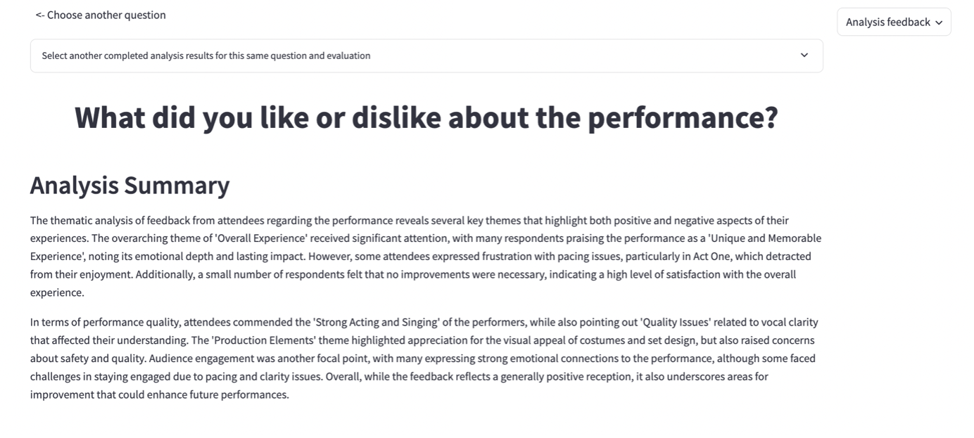 freetext thematic analysis page showing analysis summary