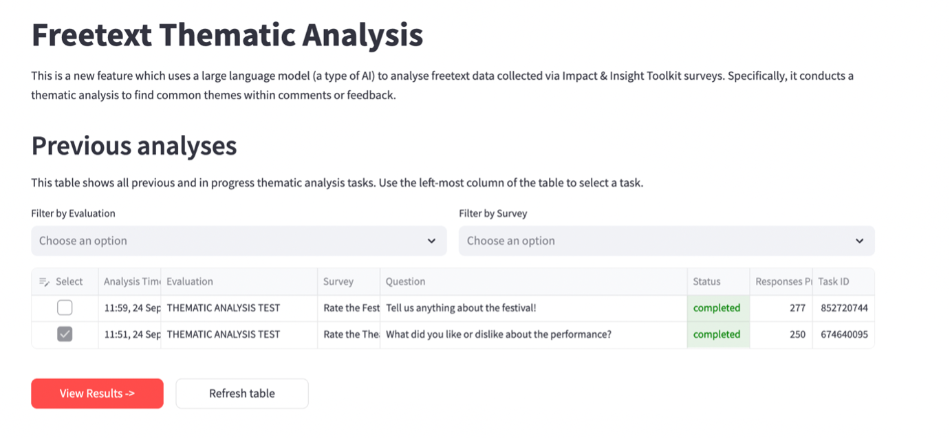 freetext thematic analysis page showing view new results