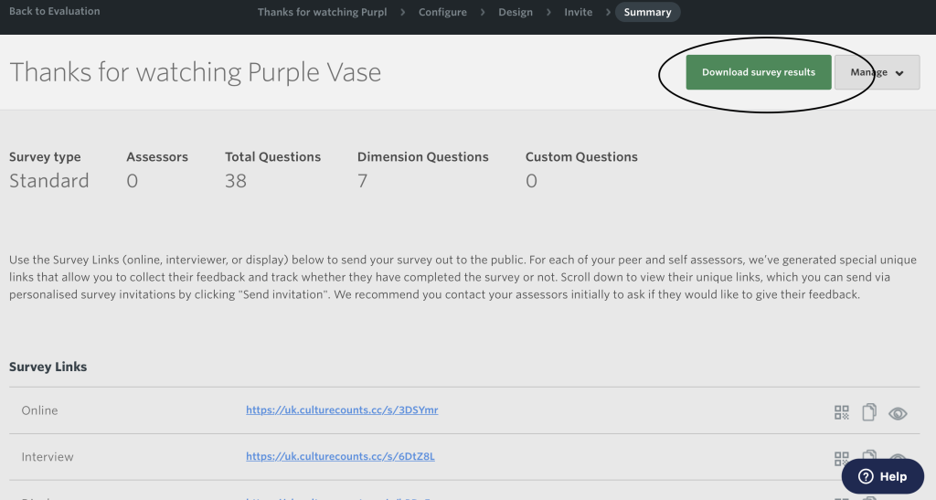 Screenshot showing the Summary Page of a survey in Culture Counts with Download Survey Responses button indicated on the right hand side