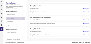 Screenshot showing where to find the 'How to Upload Offline Survey Responses' guide on Illuminate. This guidance can be accessed from within Illuminate, via: Training Module, How to use Illuminate, Events and Surveys, Surveys, How to Upload Offline Survey Responses