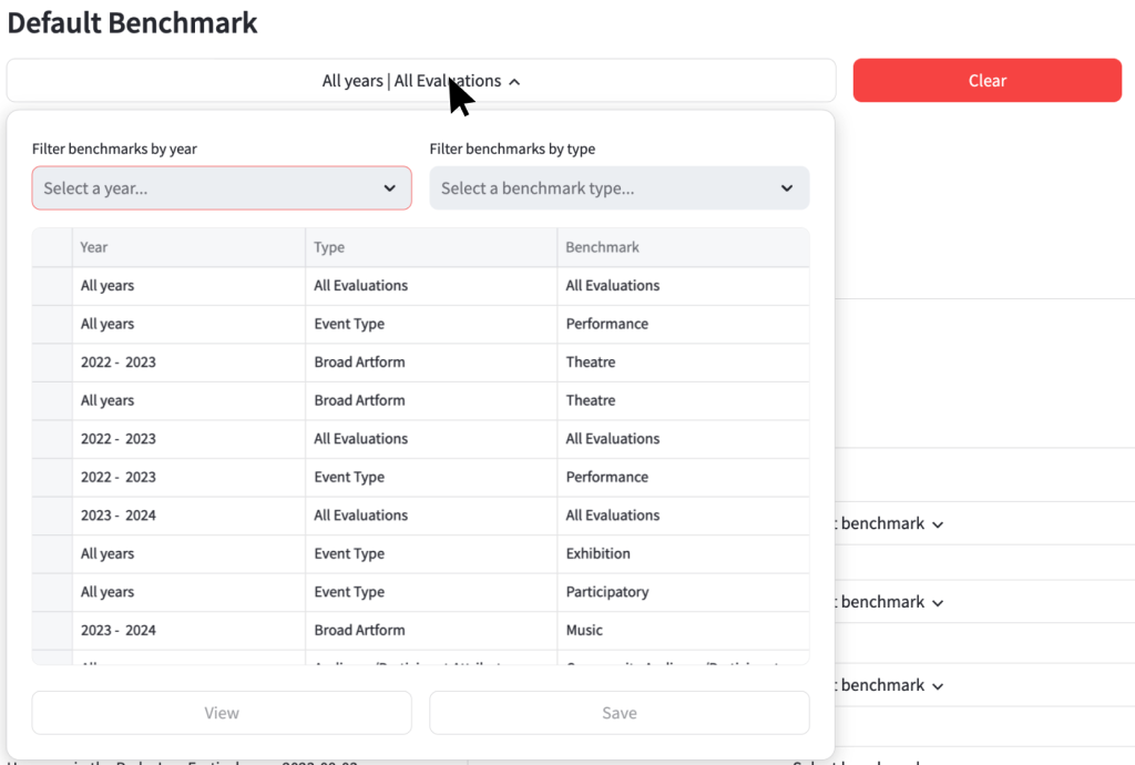 screenshot showing how to change the default benchmark assigned to evaluations