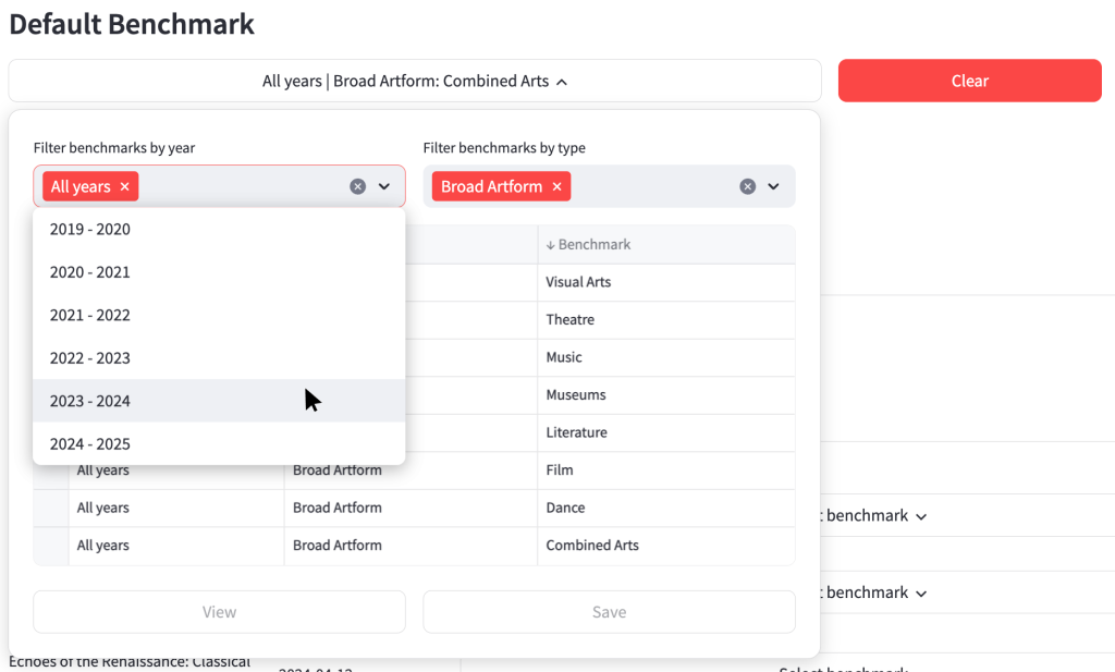 screenshot showing how to change the year of the default benchmark assigned to evaluations