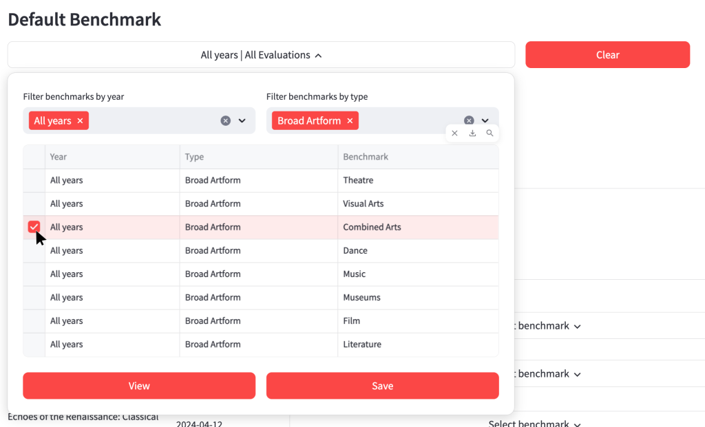 screenshot showing how to select the default benchmark assigned to evaluations