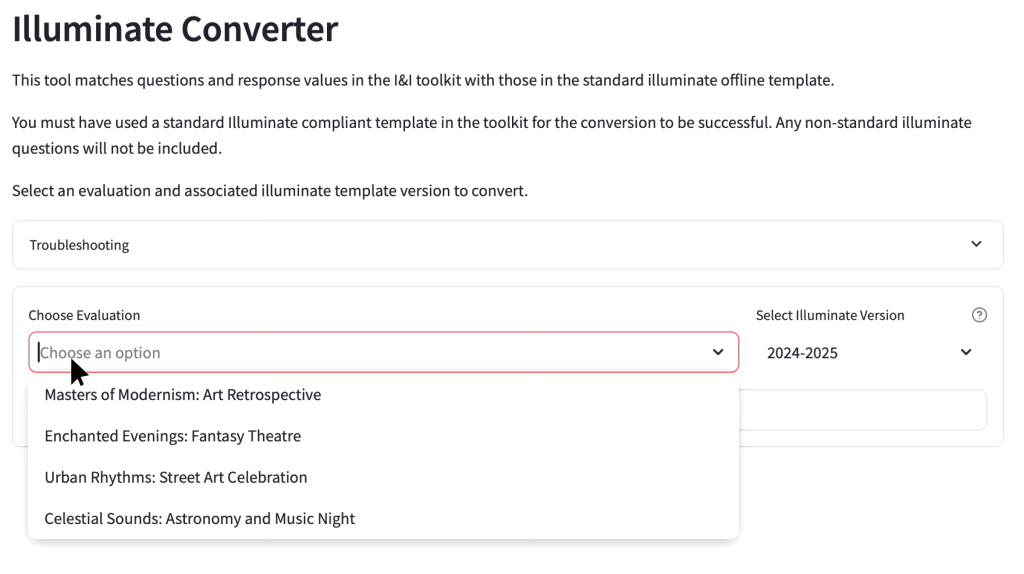 screenshot showing 'choose evaluation' dropdown on illuminate converter page