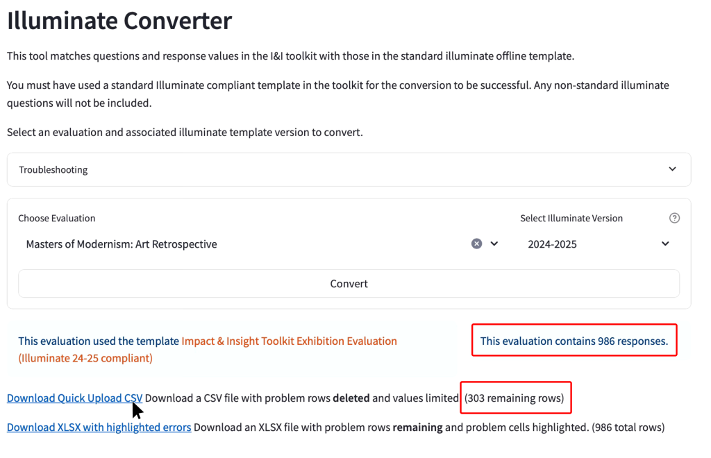 screenshot showing the number of responses and number of remaining responses highlighted on illuminate converter page