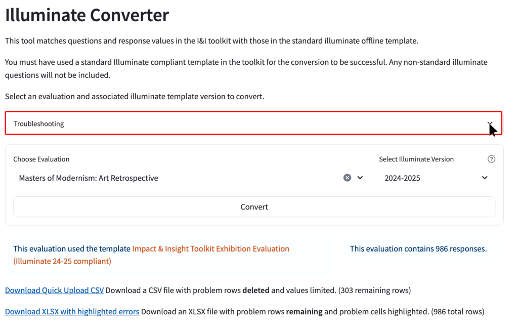 screenshot of the illuminate converter page, with the troubleshooting dropdown highlighted