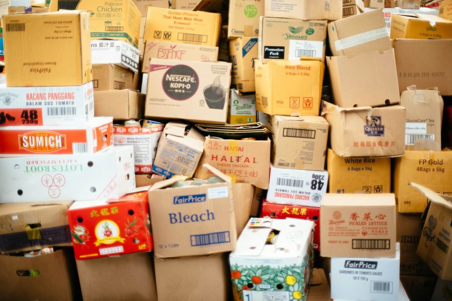 A collection of cardboard boxes, packed for moving