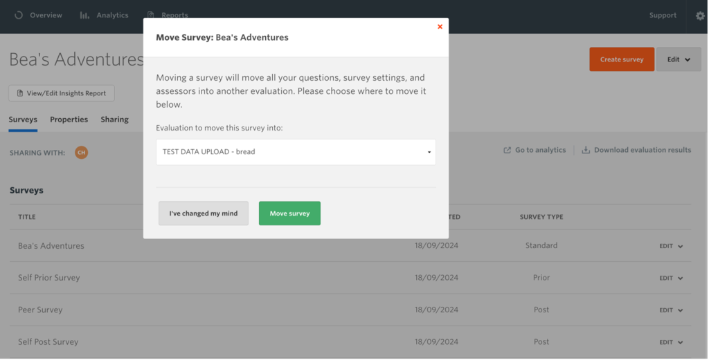 Select an evaluation to move a survey into