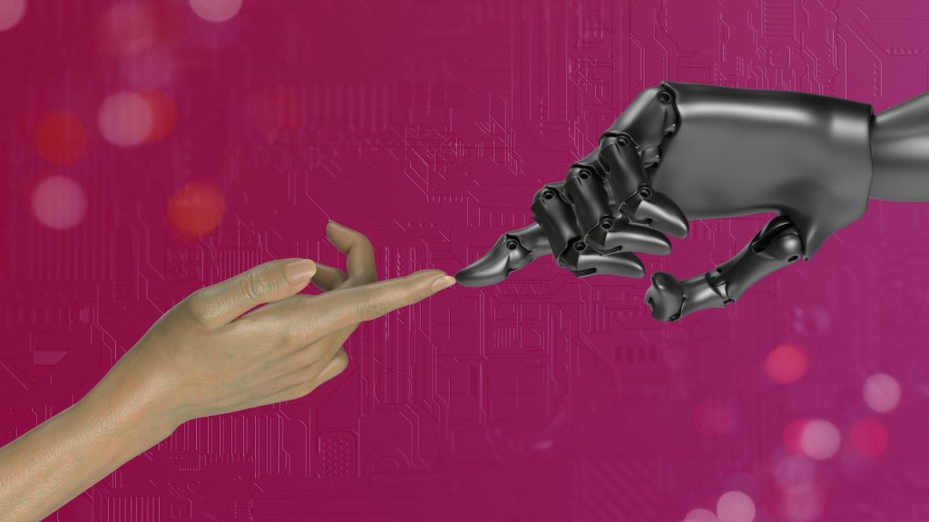 A robotic hand reaching out to a human hand