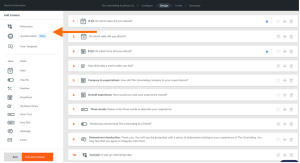Screenshot of the Design page within a Culture Counts evaluation, with an orange arrow pointing left towards the Dimensions Library and the Question Bank.