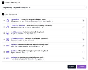 Screenshot of a linguistically Easy Read Dimension List created within the Dimensions Library within Culture Counts.