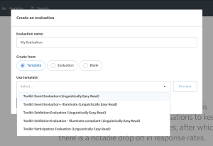 Screenshot of the 'Create an evaluation' pop-up menu featuring a dropdown menu of evaluation template options within Culture Counts.