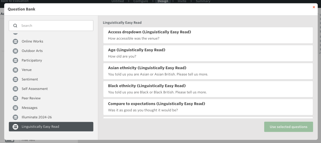 Screenshot of the Question Bank in Culture Counts, showing the Linguistically Easy Read category.