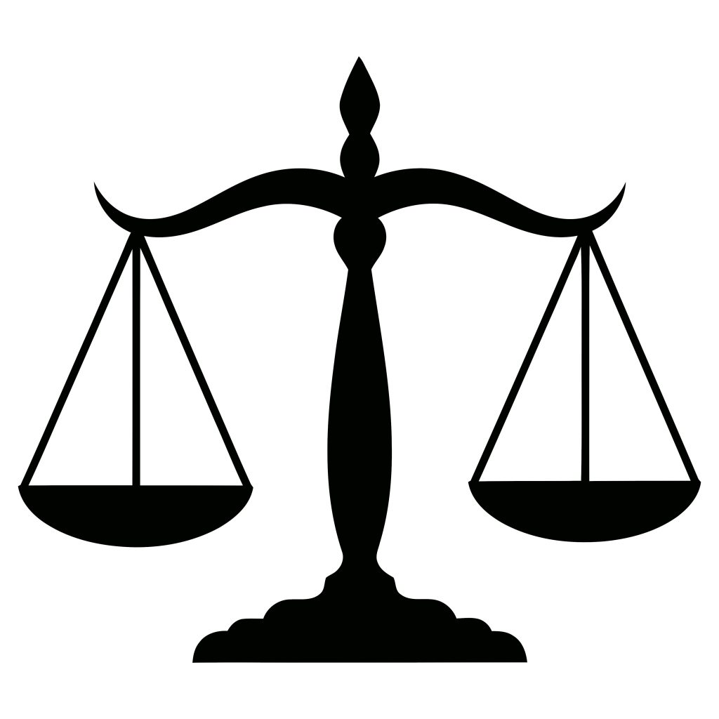 A white background with a black silhouette of classic balance scales