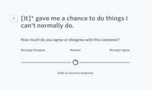 Question title - Access (Linguistically Easy Read) Question text – [It]* gave me a chance to do things I can’t normally do. Answer options – A Likert scale, from 0 to 1 (to 2 decimal places), where 0 is ‘strongly disagree’ and 1 is ‘strongly agree’.