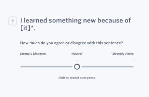Question title - Insight (Linguistically Easy Read) Question text – I learned something new because of [it]*. Answer options – A Likert scale, from 0 to 1 (to 2 decimal places), where 0 is ‘strongly disagree’ and 1 is ‘strongly agree’. 